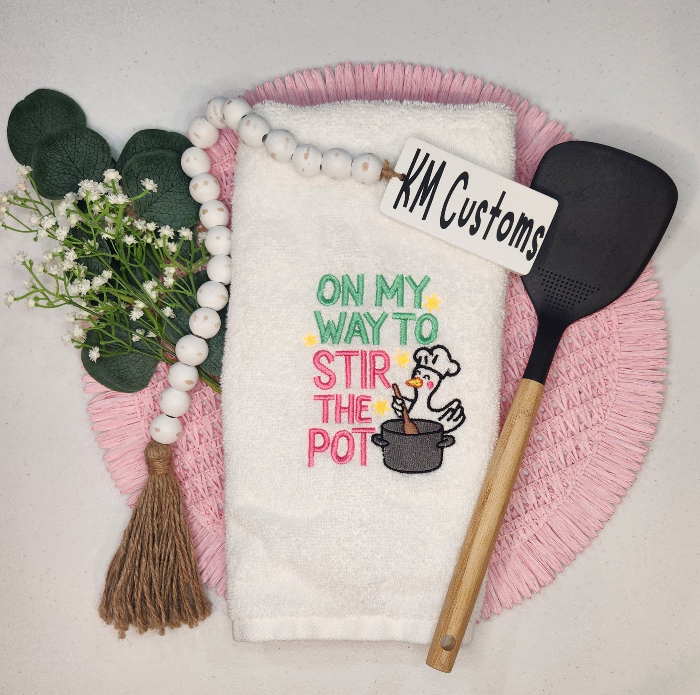 On My Way to Stir the Pot Embroidered Kitchen Towel