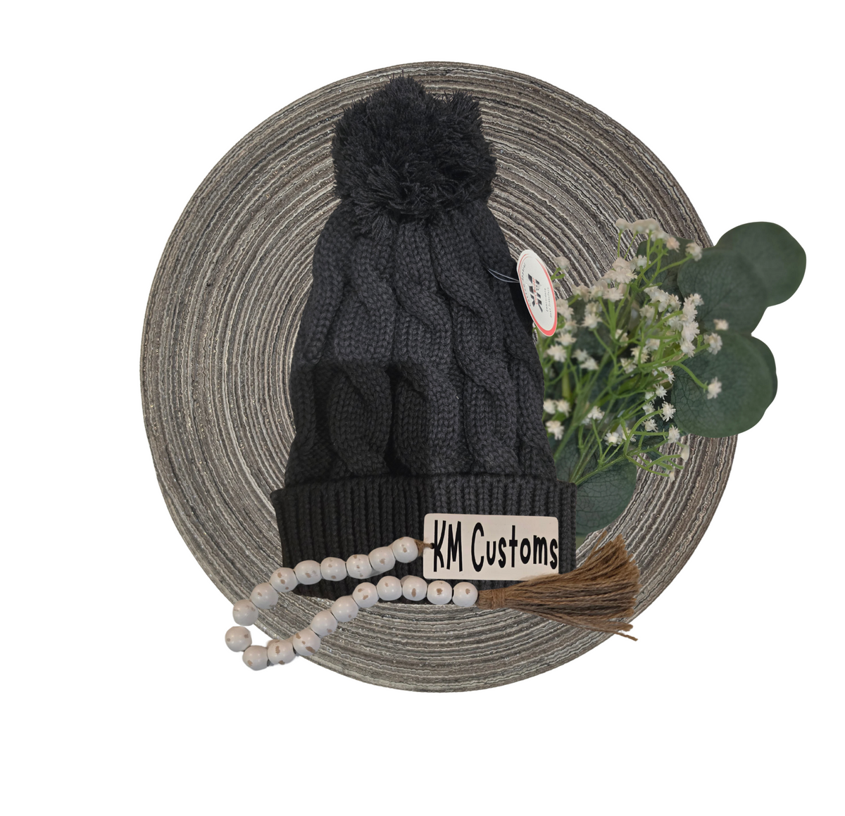 Chunky Cable-Knit Cuffed Beanie with Yarn Pom