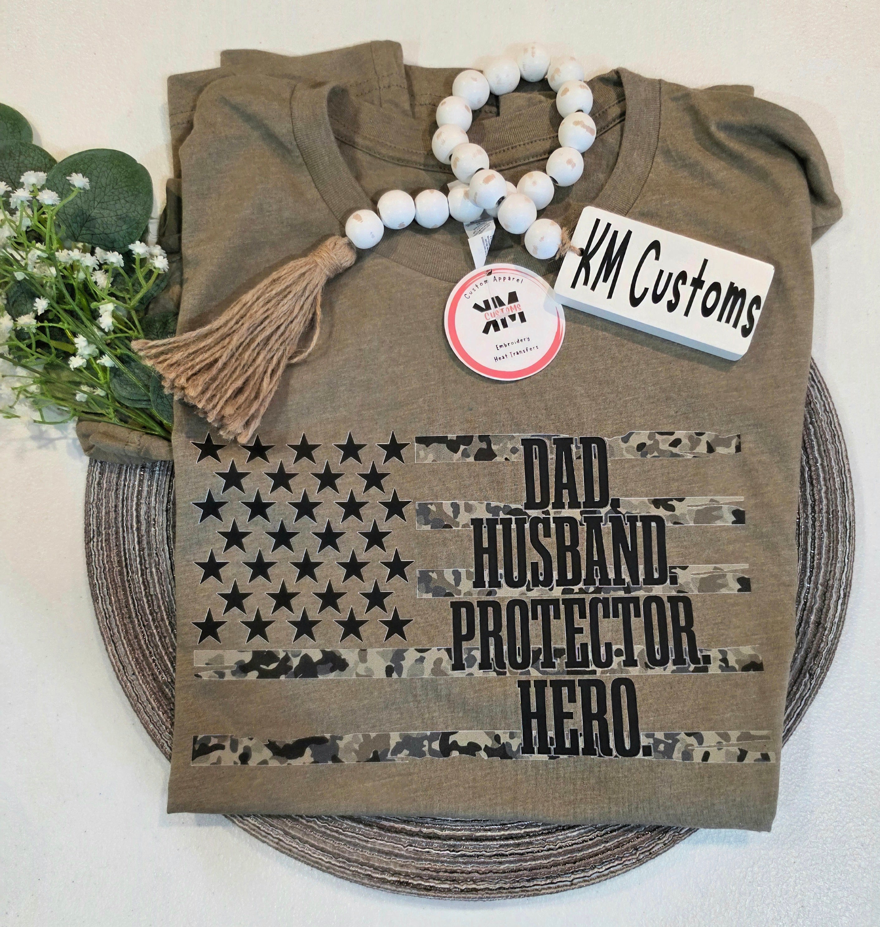 Dad. Husband. Protector. Hero. Camo American Flag Graphic Tee