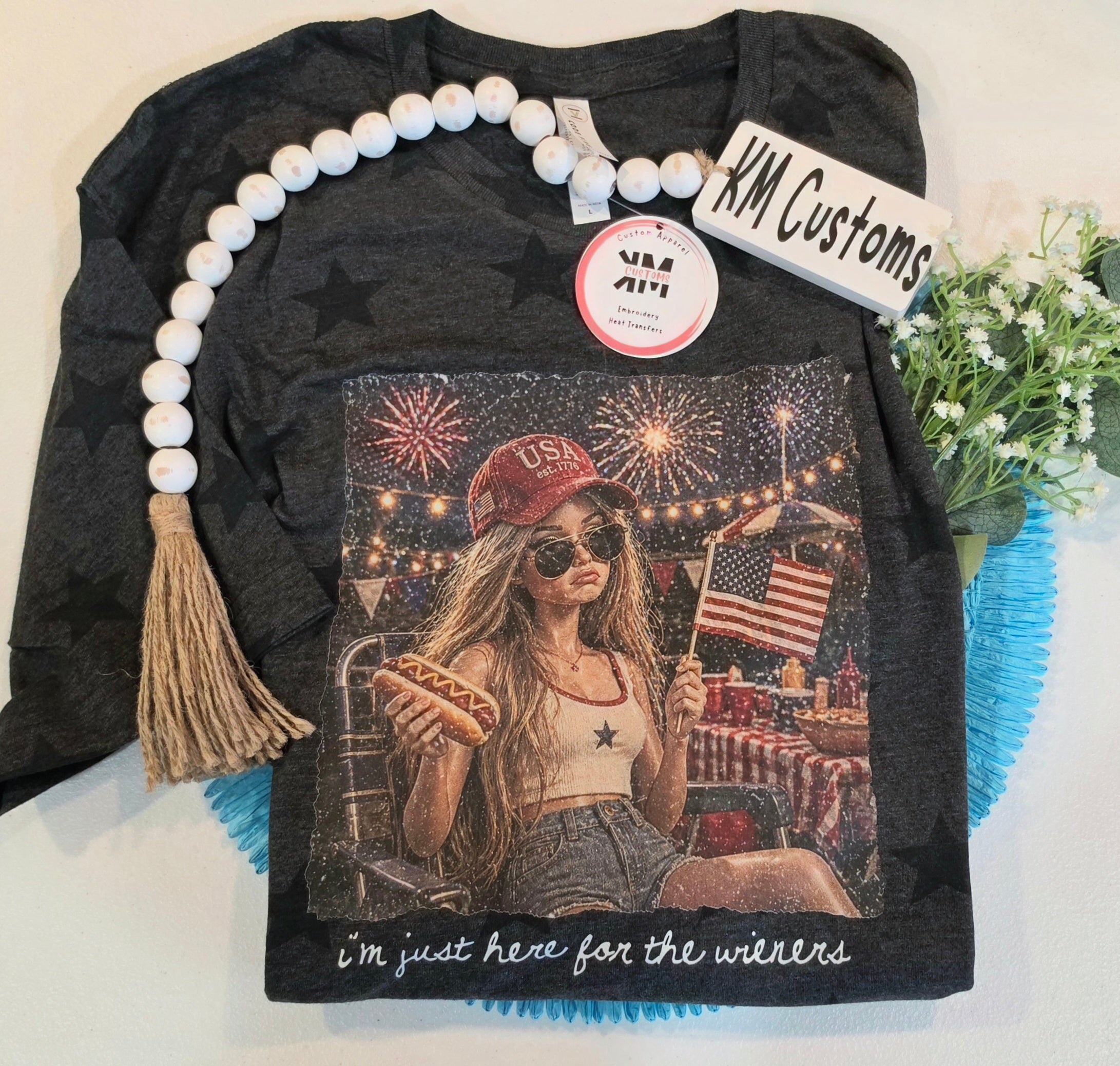 The "Here for the Wieners" Graphic Tee | Funny 4th of July Star-Patterned Shirt
