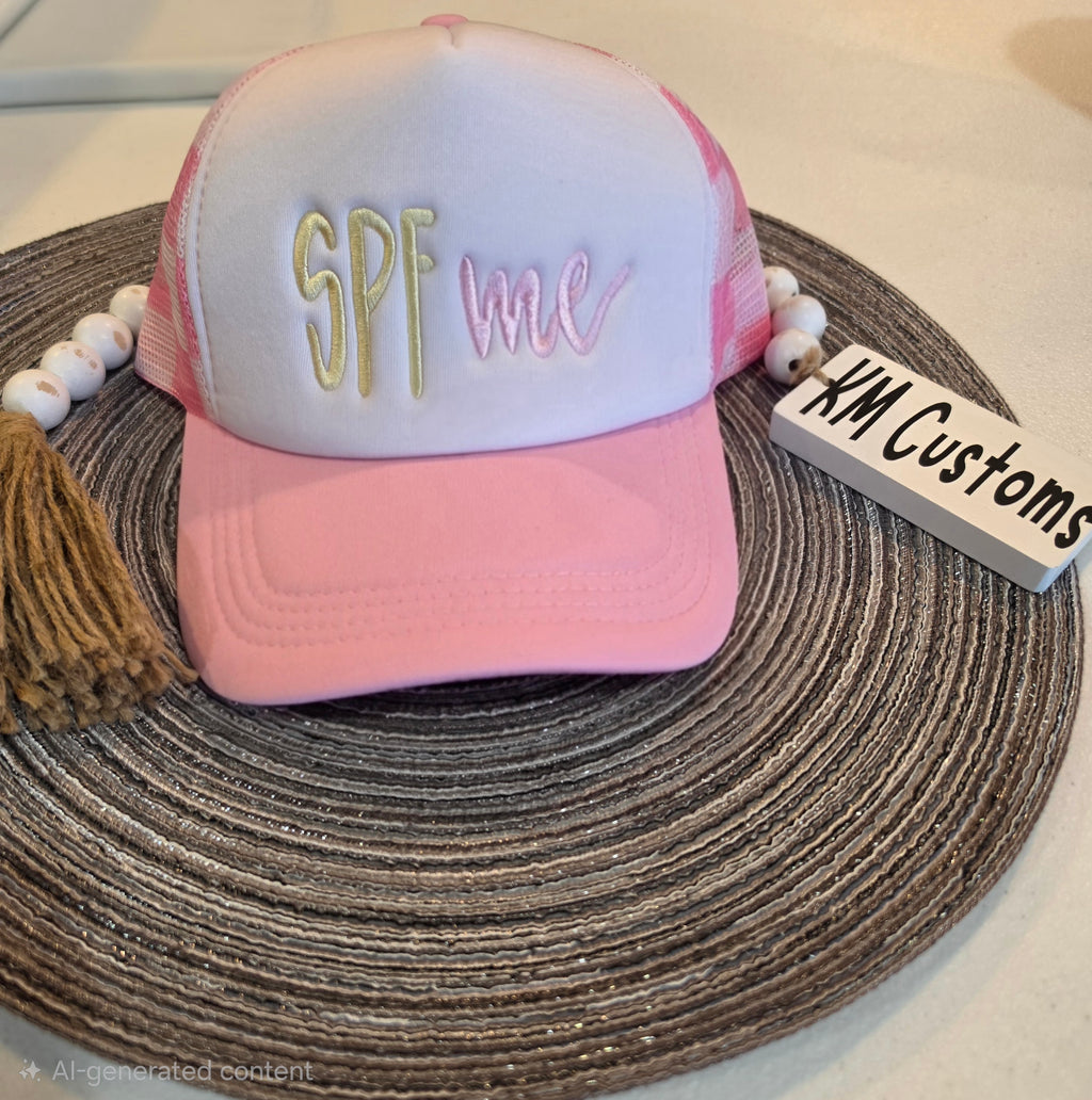 SPF Me Custom Embroidered Pastel Pink Trucker Hat